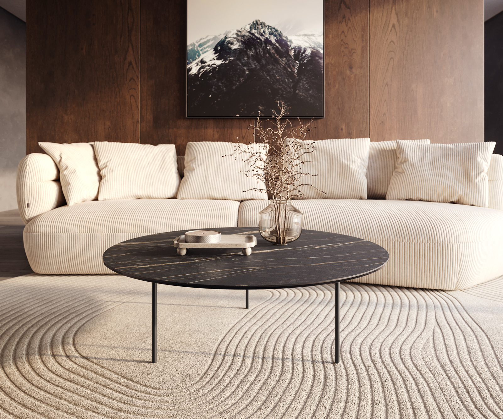 Konferenčný stolík Edge okrúhly 100x100 cm keramika Laminam® Noir Desir hnedá Trive kov čierna - Image 6