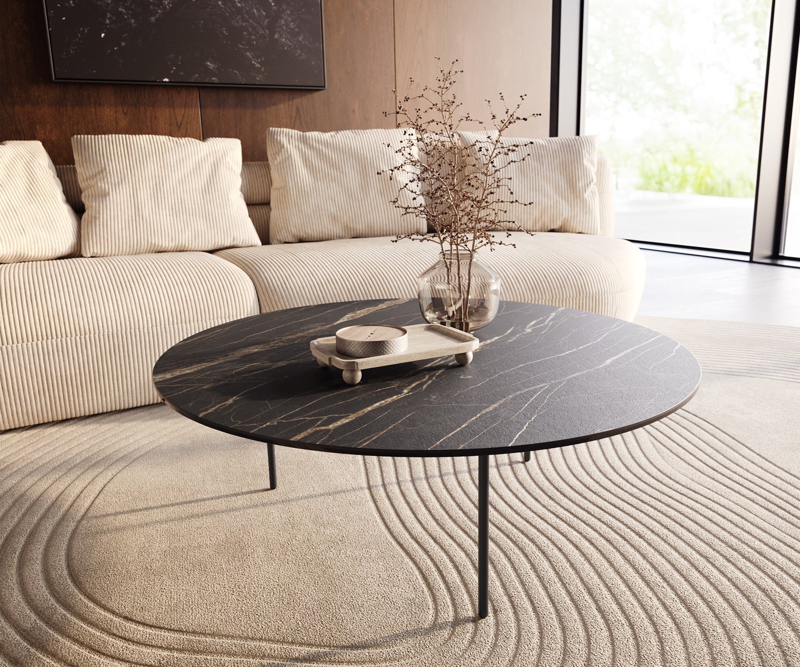 Konferenčný stolík Edge okrúhly 100x100 cm keramika Laminam® Noir Desir hnedá Trive kov čierna