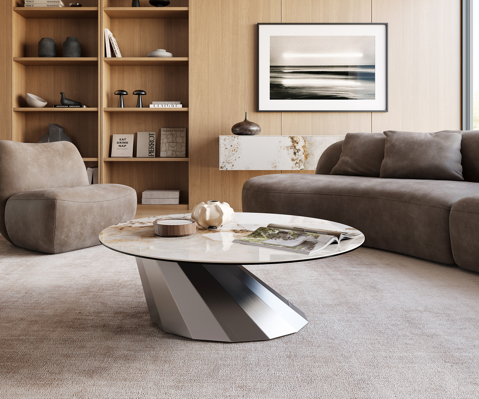 Konferenčný stolík Edge okrúhly 100x100 cm keramika Minas Melange Parabi nerezová oceľ kefovaná - Image 2