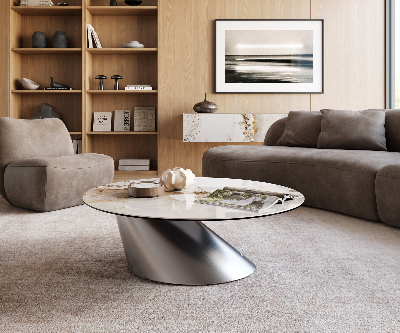 Konferenčný stolík Edge okrúhly 100x100 cm keramika Minas Melange Conis nerezová oceľ kefovaná - Image 2