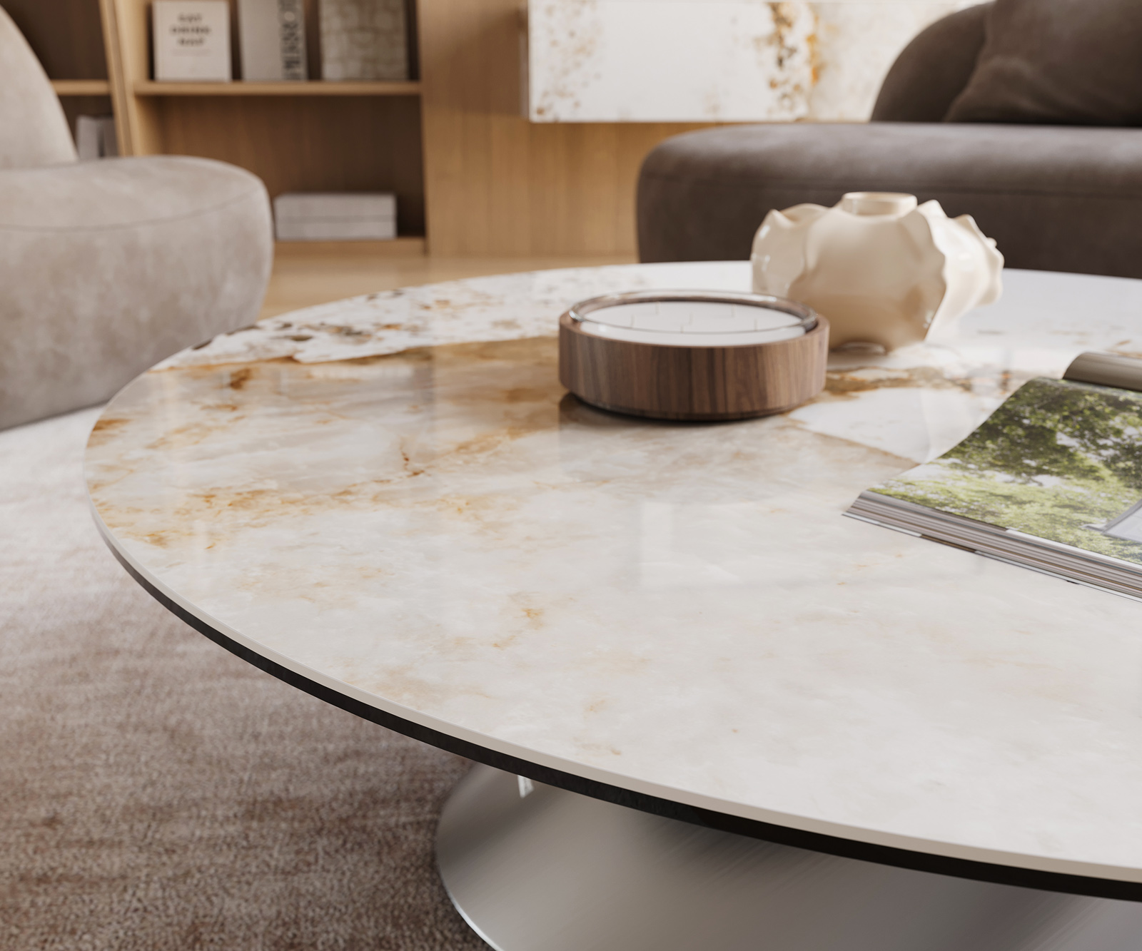 Konferenčný stolík Edge okrúhly 100x100 cm keramika Minas Melange Conis nerezová oceľ kefovaná - Image 6