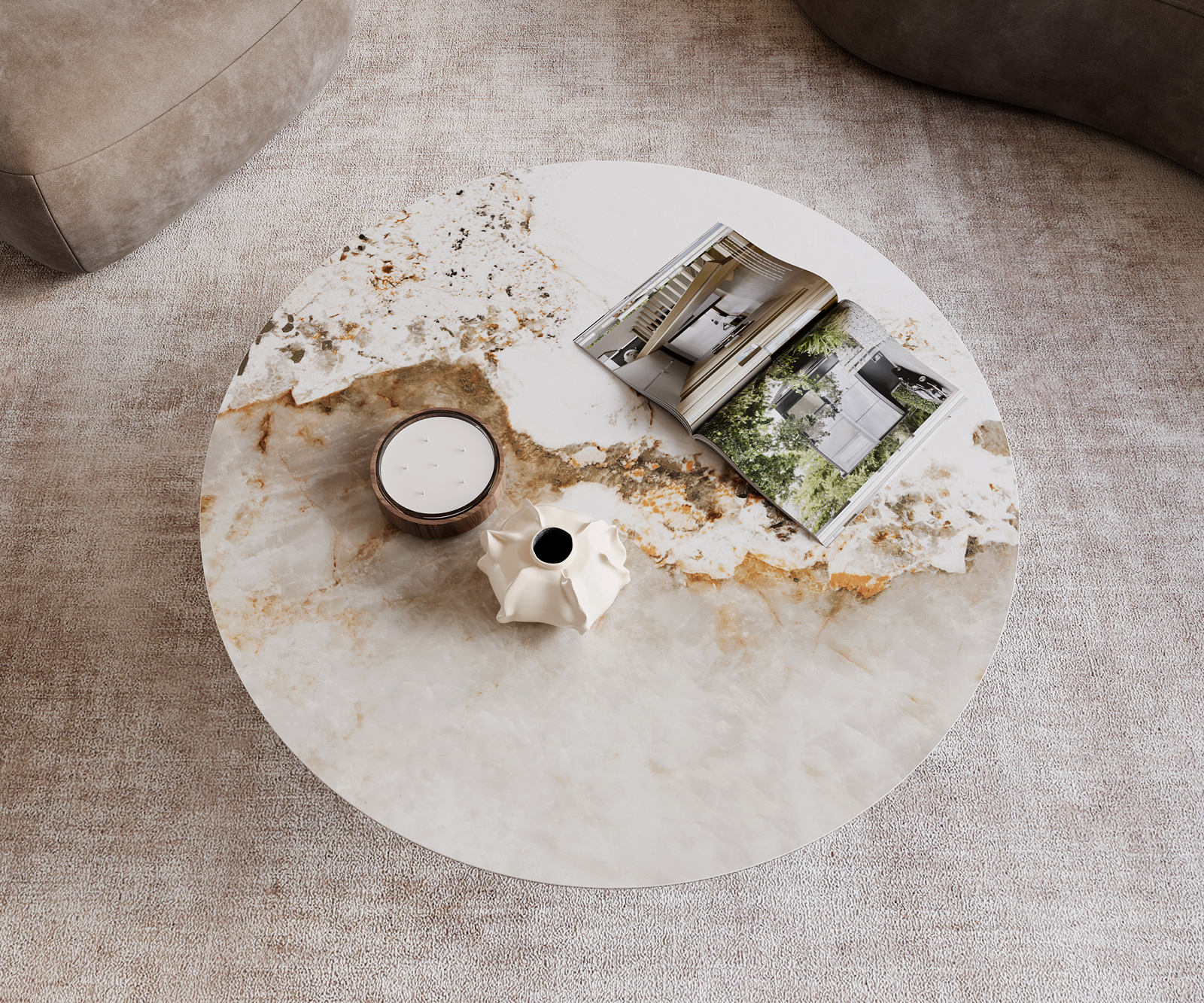 Konferenčný stolík Edge okrúhly 100x100 cm keramika Minas Melange Conis nerezová oceľ kefovaná - Image 4