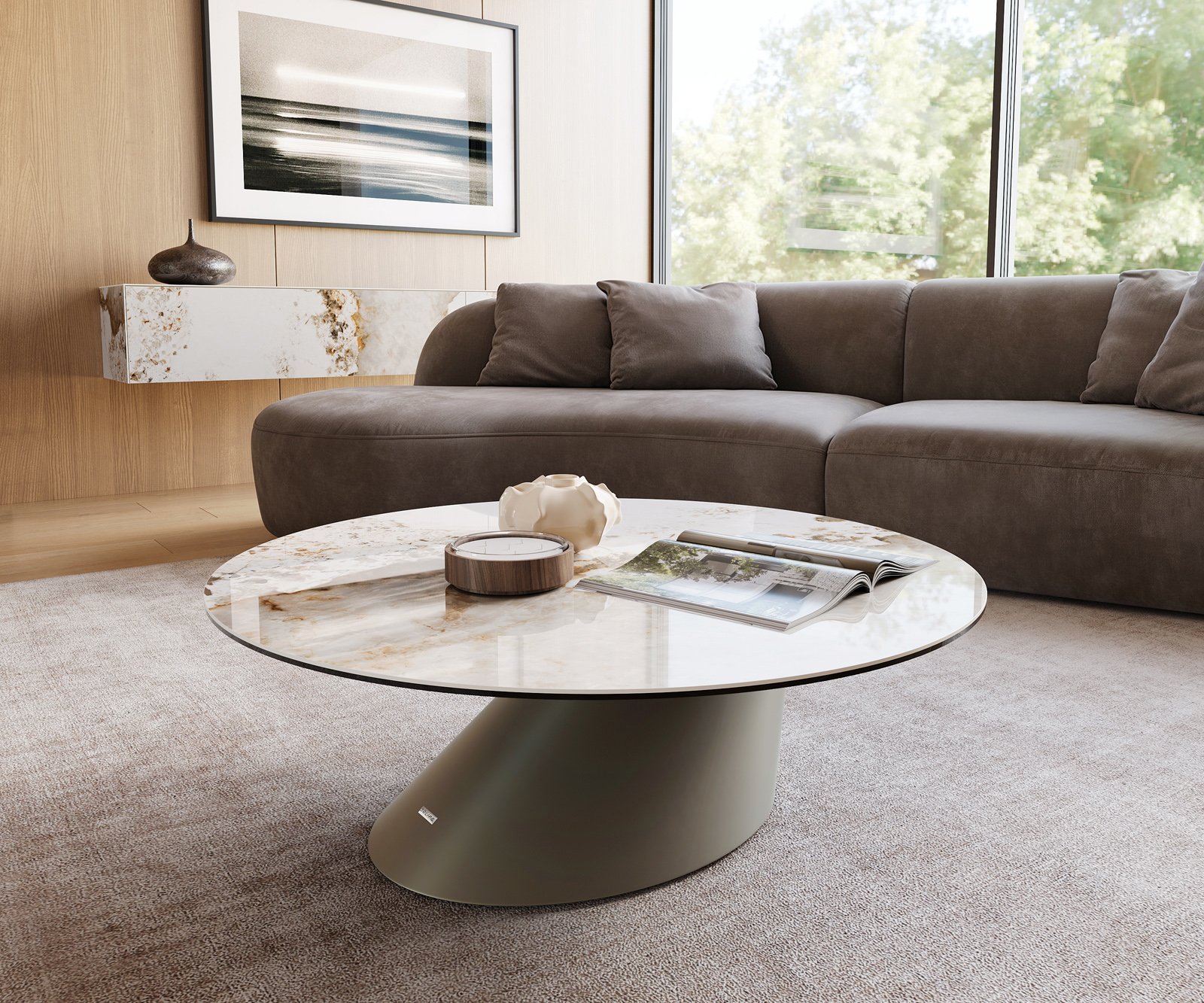 Konferenčný stolík Edge okrúhly 100x100 cm keramika Minas Melange Conis kov efektfinish titánová