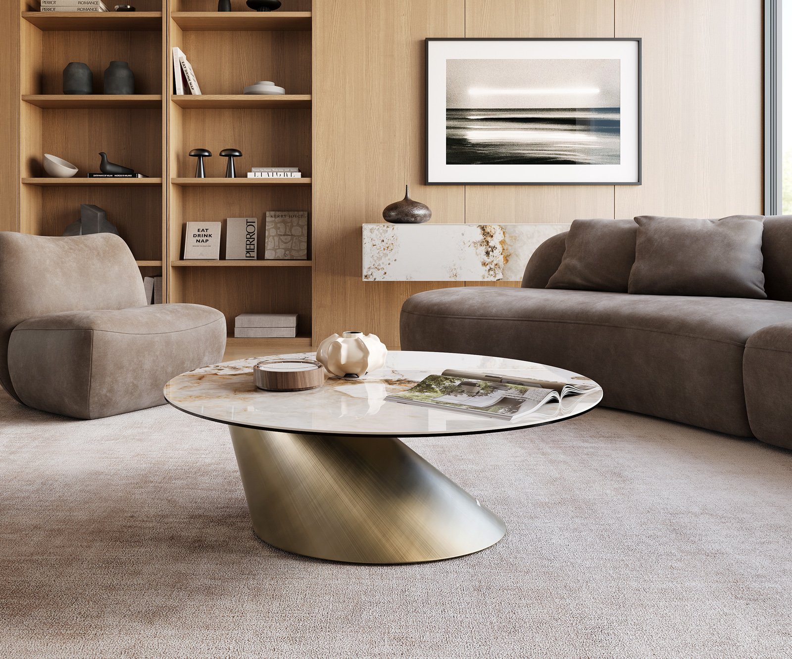 Konferenčný stolík Edge okrúhly 100x100 cm keramika Minas Melange Conis metalická zlatá - Image 2