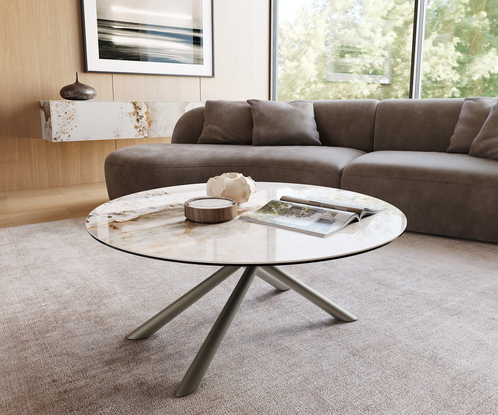 Konferenčný stolík Edge okrúhly 100x100 cm keramika Minas Melange Sarity kov efektfinish titánová