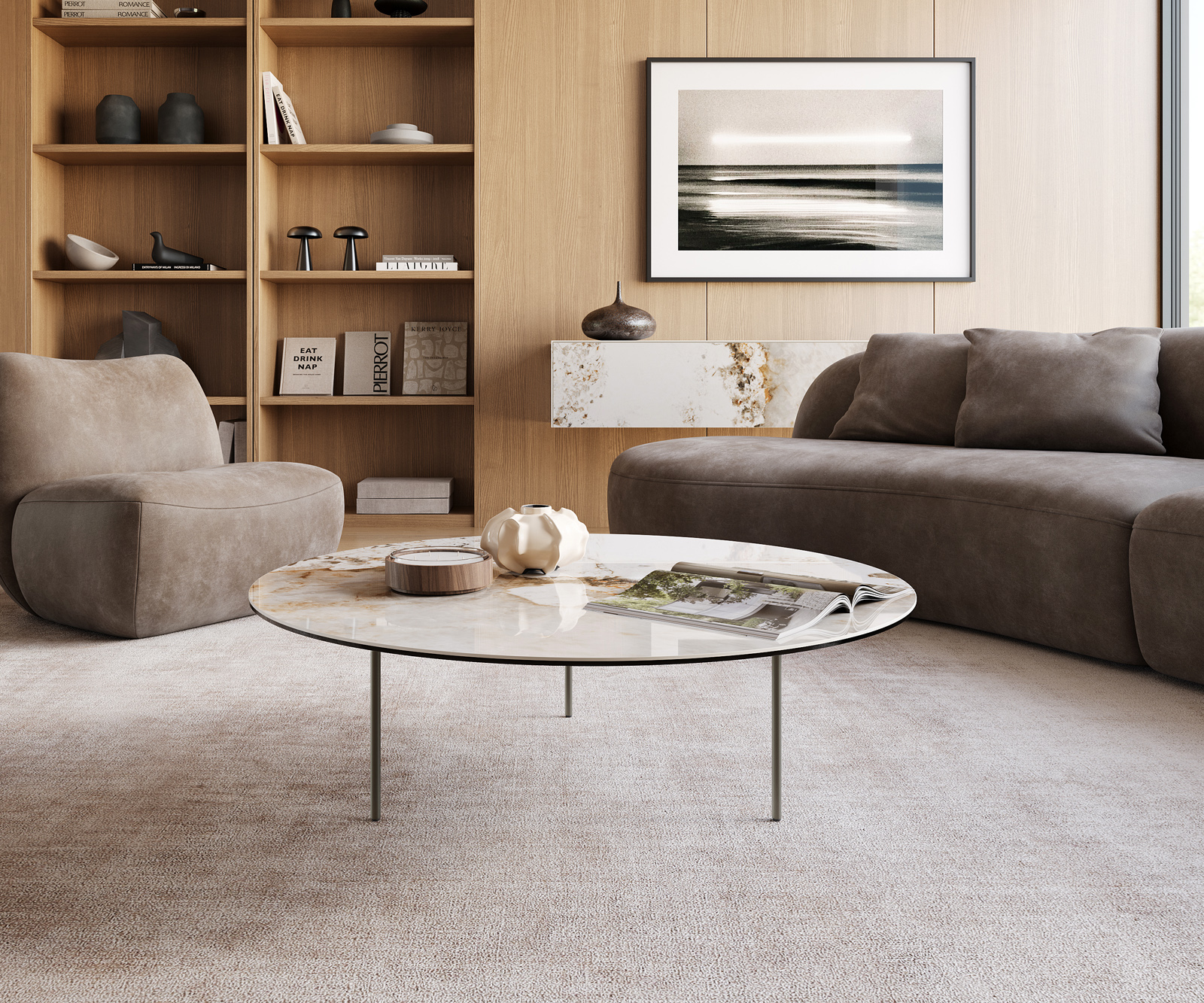Konferenčný stolík Edge okrúhly 100x100 cm keramika Minas Melange Trive kov efektový povrch titánová farba - Image 6