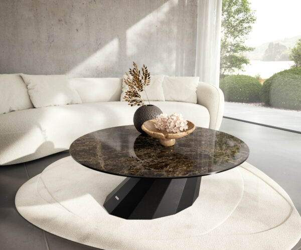 Konferenčný stolík Edge okrúhly 100x100 cm keramika Laminam® Emperador Extra Lucidato tmavohnedá Parabi kov čierna