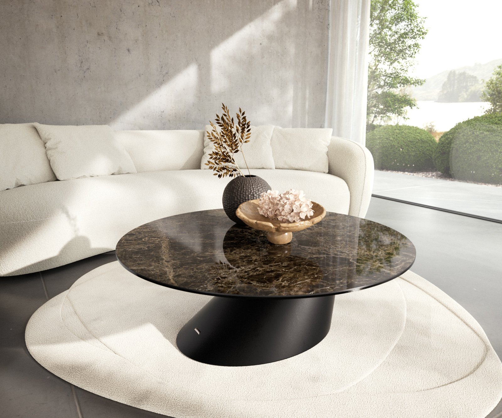 Konferenčný stolík Edge okrúhly 100x100 cm keramika Laminam® Emperador Extra Lucidato tmavohnedá konická kov čierna