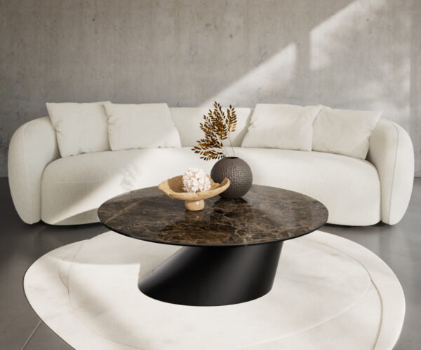 Konferenčný stolík Edge okrúhly 100x100 cm keramika Laminam® Emperador Extra Lucidato tmavohnedá konická kov čierna - Image 2