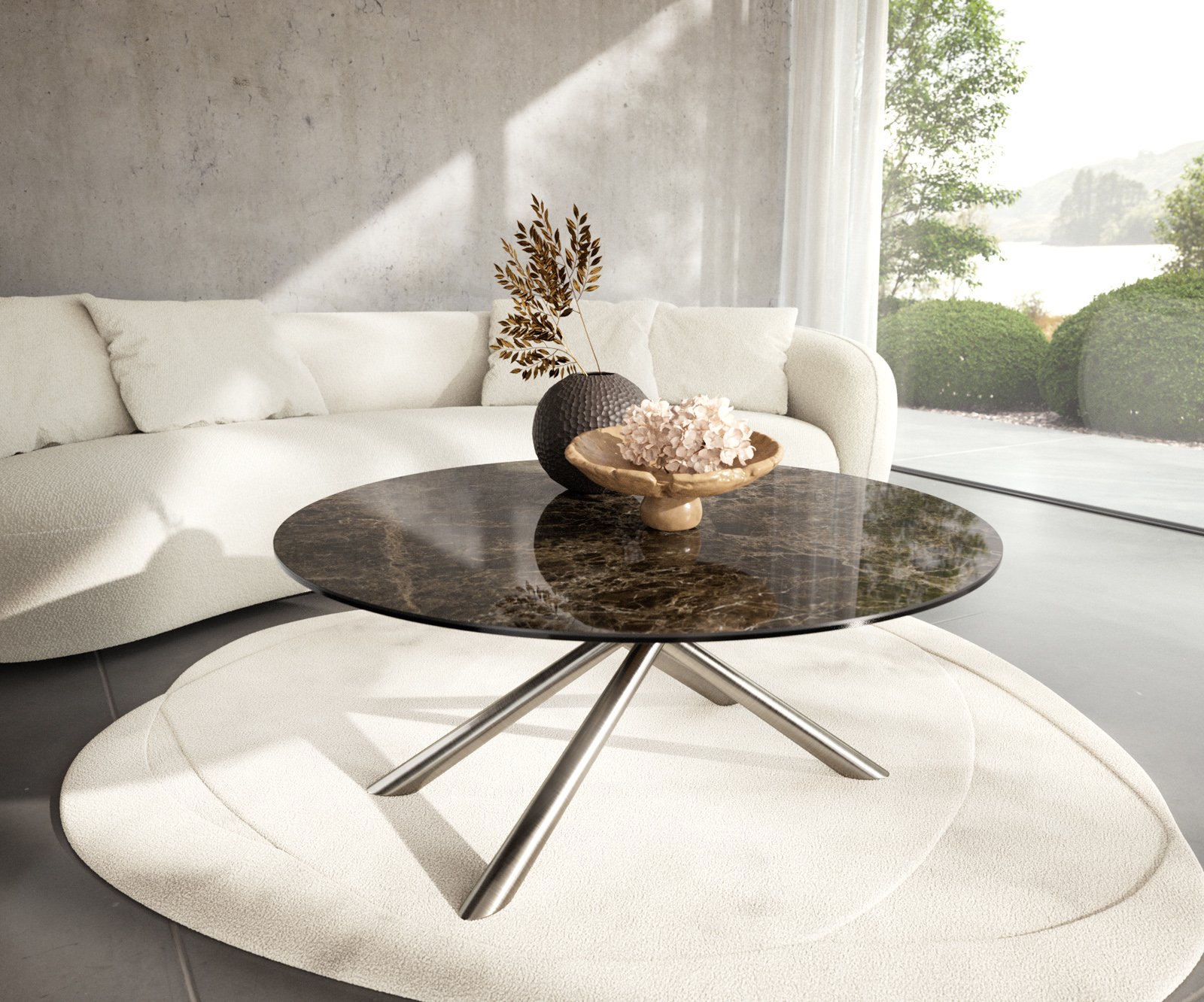 Konferenčný stolík Edge okrúhly 100x100 cm keramika Laminam® Emperador Extra Lucidato tmavohnedá Sarity nerezová oceľ kefovaná