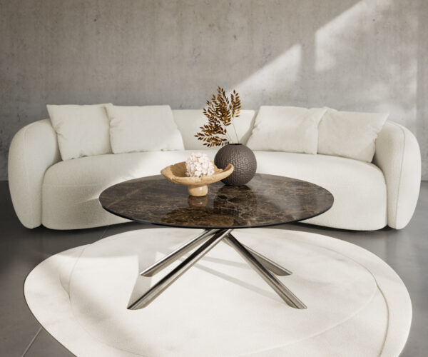 Konferenčný stolík Edge okrúhly 100x100 cm keramika Laminam® Emperador Extra Lucidato tmavohnedá Sarity nerezová oceľ kefovaná - Image 2