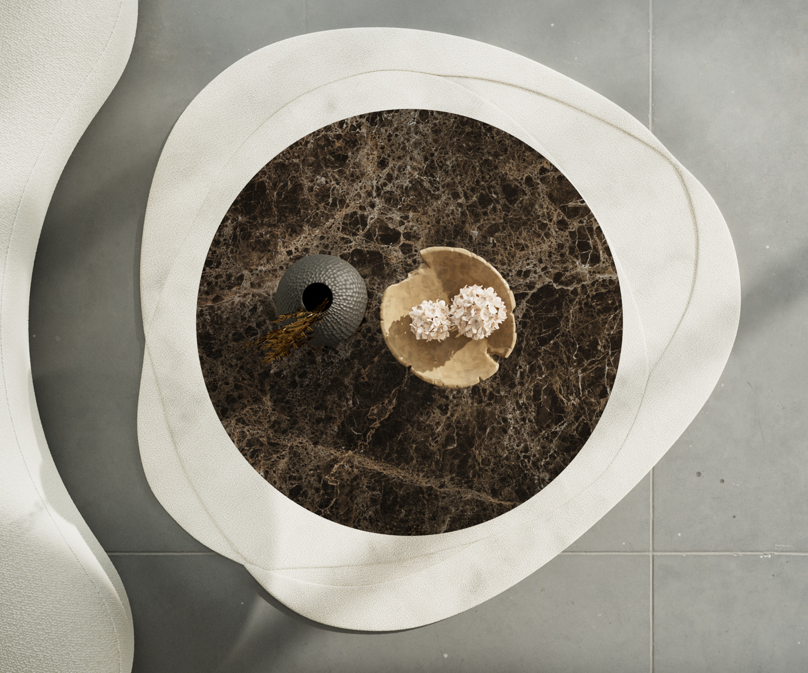 Konferenčný stolík Edge okrúhly 100x100 cm keramika Laminam® Emperador Extra Lucidato tmavohnedá Trive nerezová oceľ kefovaná - Image 4