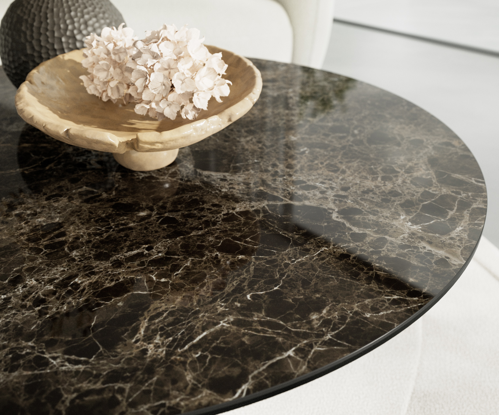 Konferenčný stolík Edge okrúhly 100x100 cm keramika Laminam® Emperador Extra Lucidato tmavohnedá Trive nerezová oceľ kefovaná - Image 6