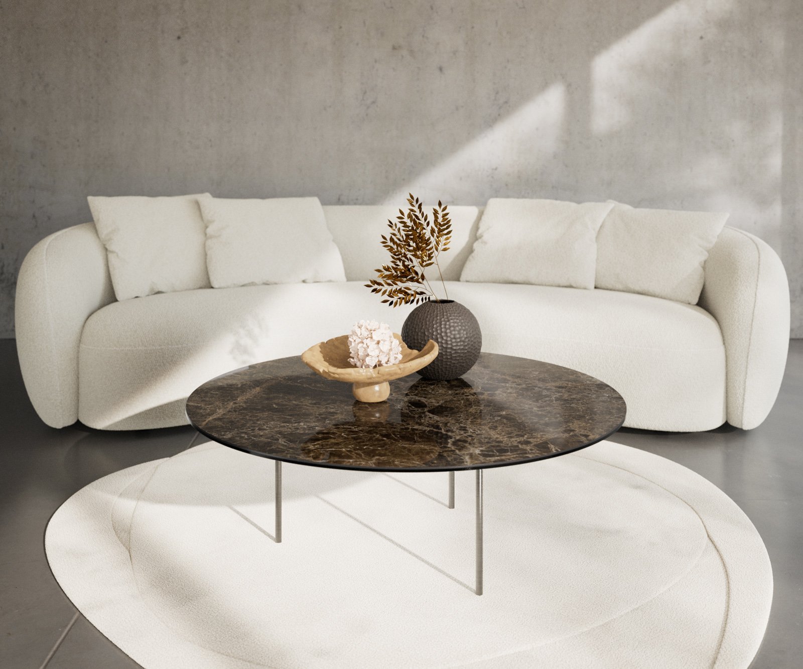 Konferenčný stolík Edge okrúhly 100x100 cm keramika Laminam® Emperador Extra Lucidato tmavohnedá Trive nerezová oceľ kefovaná