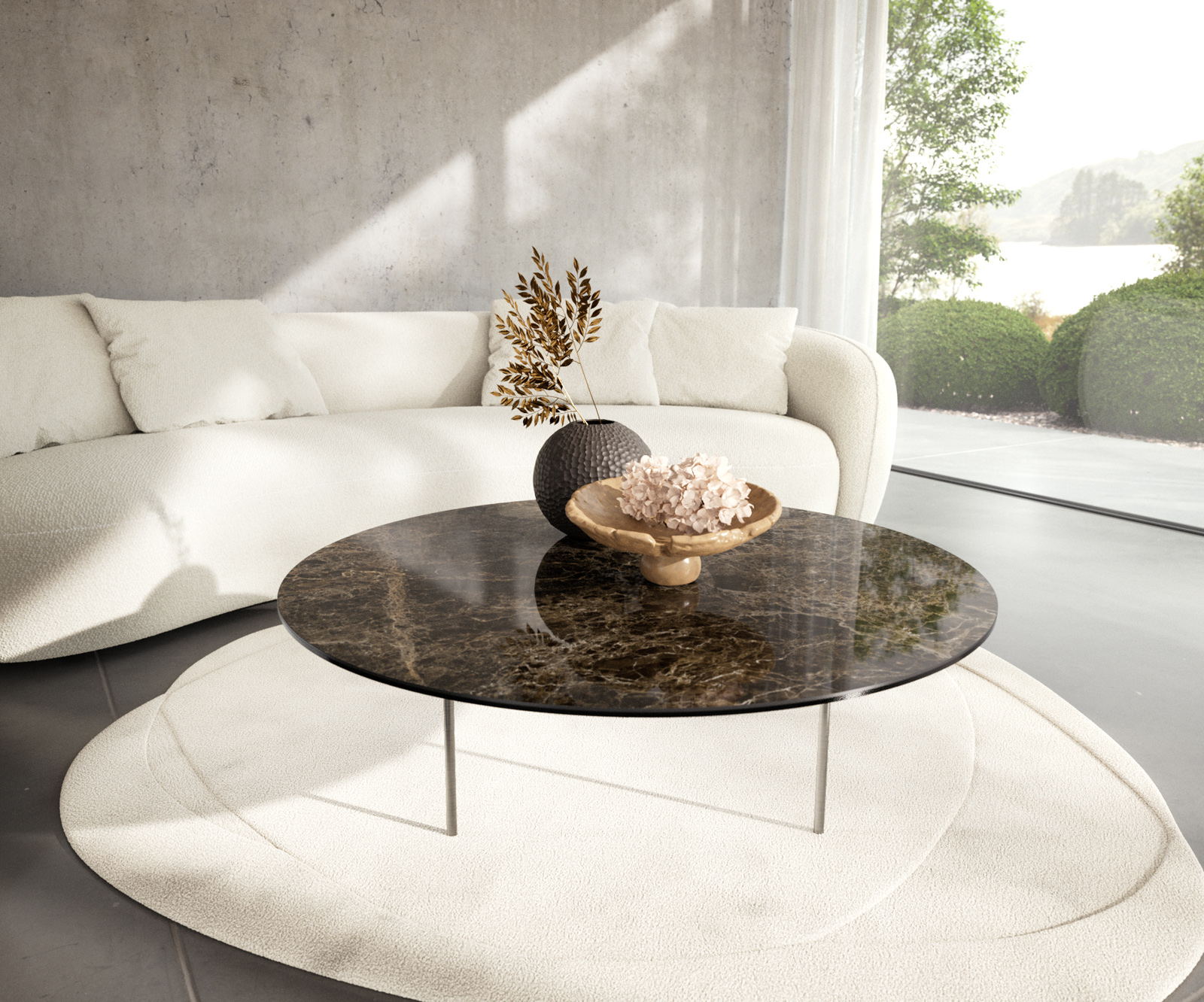 Konferenčný stolík Edge okrúhly 100x100 cm keramika Laminam® Emperador Extra Lucidato tmavohnedá Trive nerezová oceľ kefovaná - Image 2