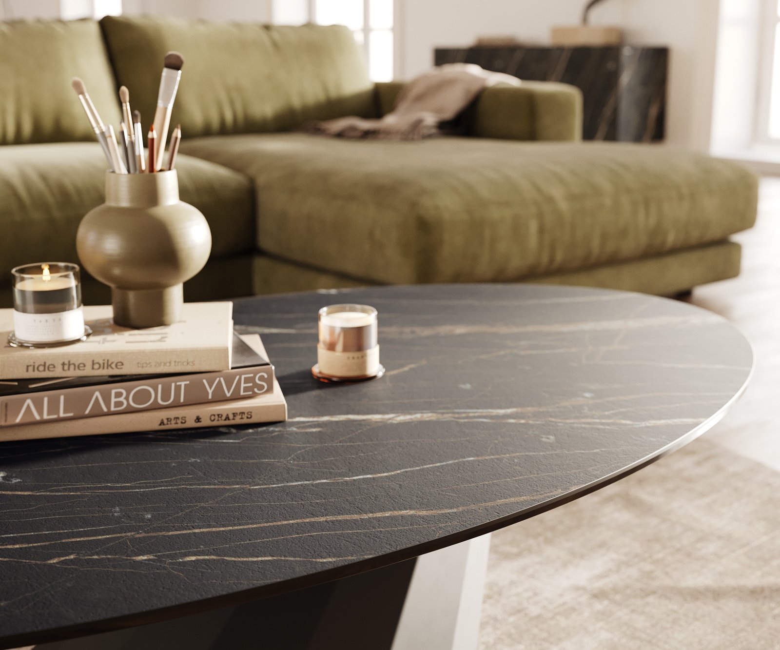 Konferenčný stolík Edge oválny 140x80 cm keramika Laminam® Noir Desir hnedá Parabi kov čierna - Image 6