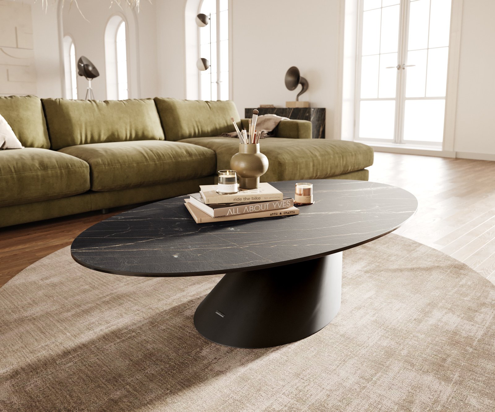 Konferenčný stolík Edge oválny 140x80 cm keramika Laminam® Noir Desir hnedá Conis kov čierna