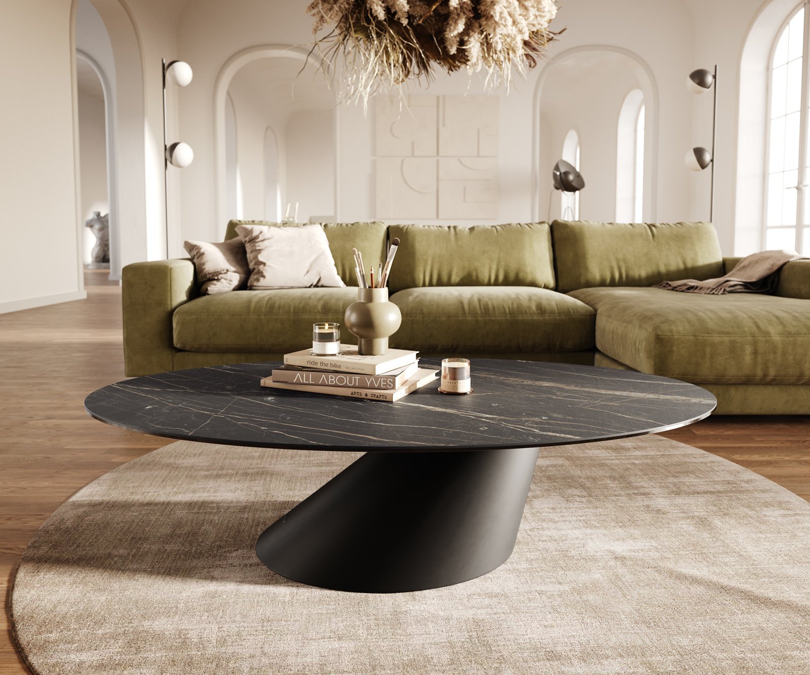 Konferenčný stolík Edge oválny 140x80 cm keramika Laminam® Noir Desir hnedá Conis kov čierna - Image 2