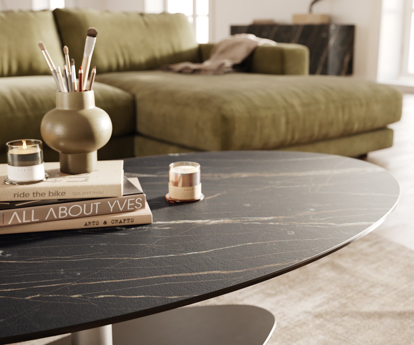 Konferenčný stolík Edge oválny 140x80 cm keramika Laminam® Noir Desir hnedá Vibany nerezová oceľ kefovaná - Image 6