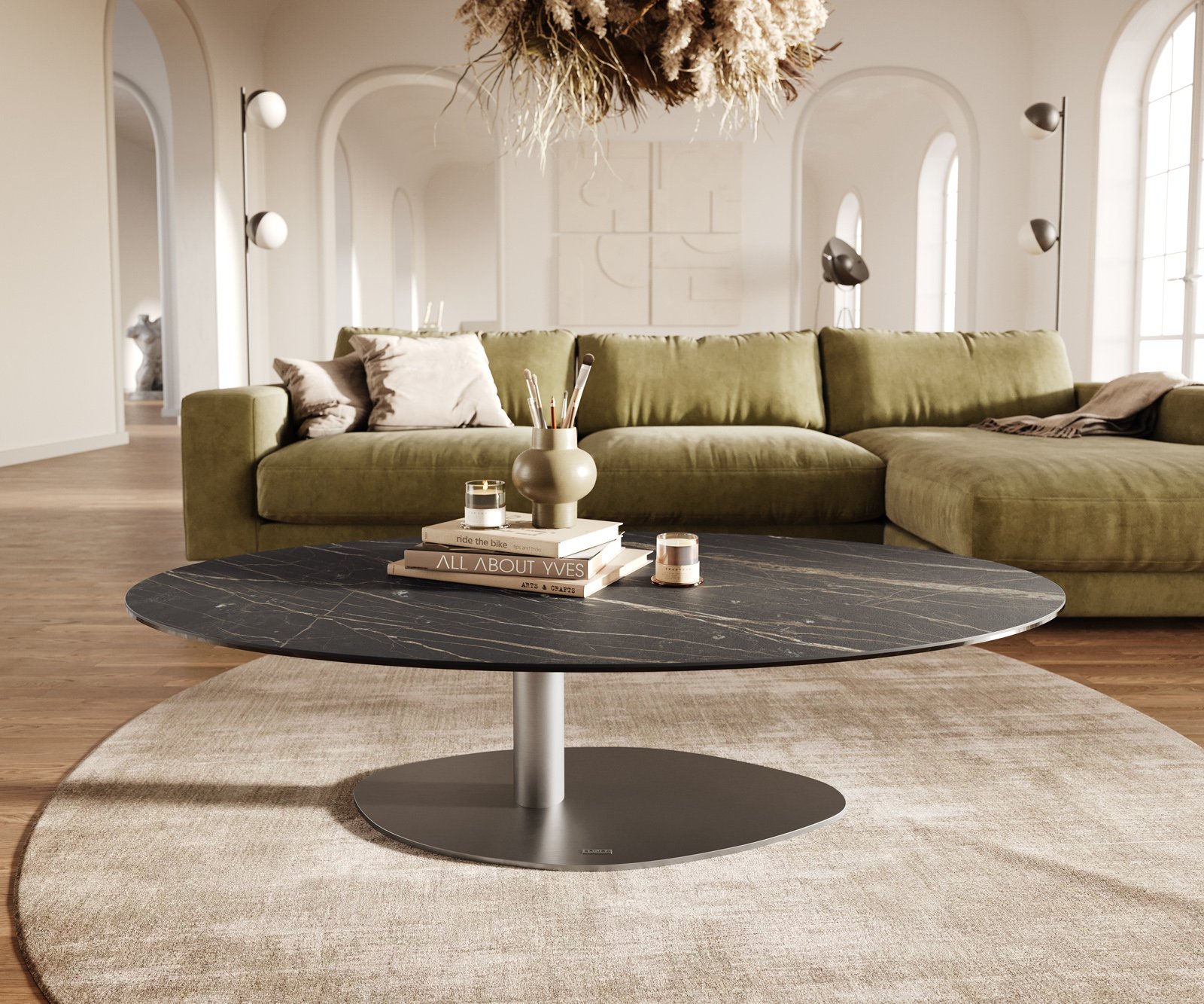 Konferenčný stolík Edge oválny 140x80 cm keramika Laminam® Noir Desir hnedá Vibany nerezová oceľ kefovaná - Image 2