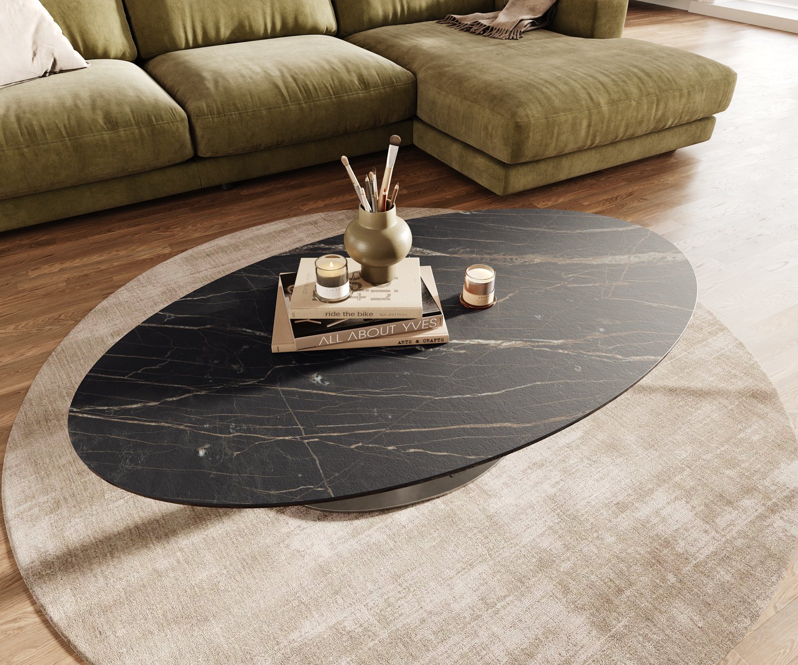 Konferenčný stolík Edge oválny 140x80 cm keramika Laminam® Noir Desir hnedá Vibany nerezová oceľ kefovaná - Image 4