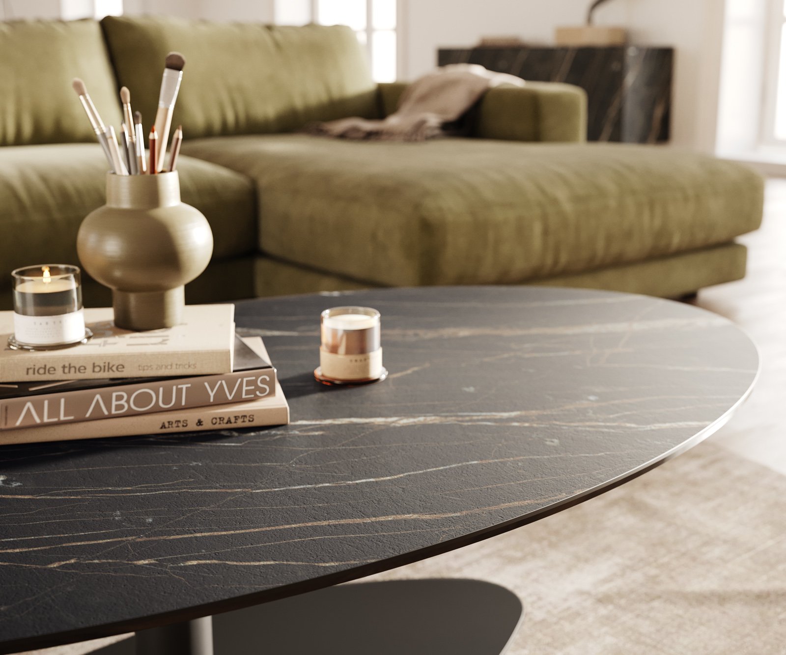 Konferenčný stolík Edge oválny 140x80 cm keramika Laminam® Noir Desir hnedá Vibany kov čierna - Image 6