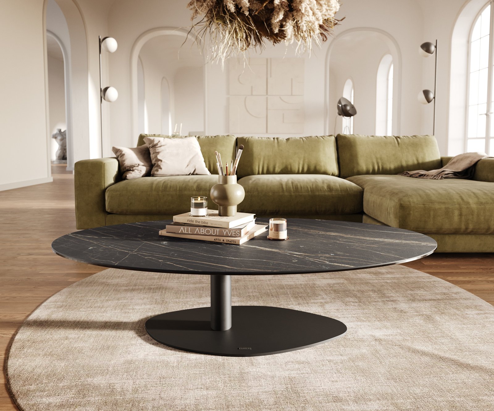 Konferenčný stolík Edge oválny 140x80 cm keramika Laminam® Noir Desir hnedá Vibany kov čierna - Image 2