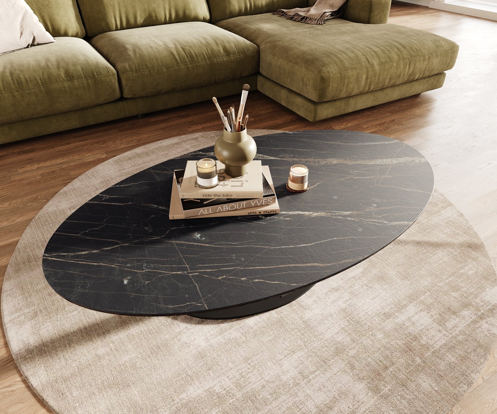 Konferenčný stolík Edge oválny 140x80 cm keramika Laminam® Noir Desir hnedá Vibany kov čierna - Image 4