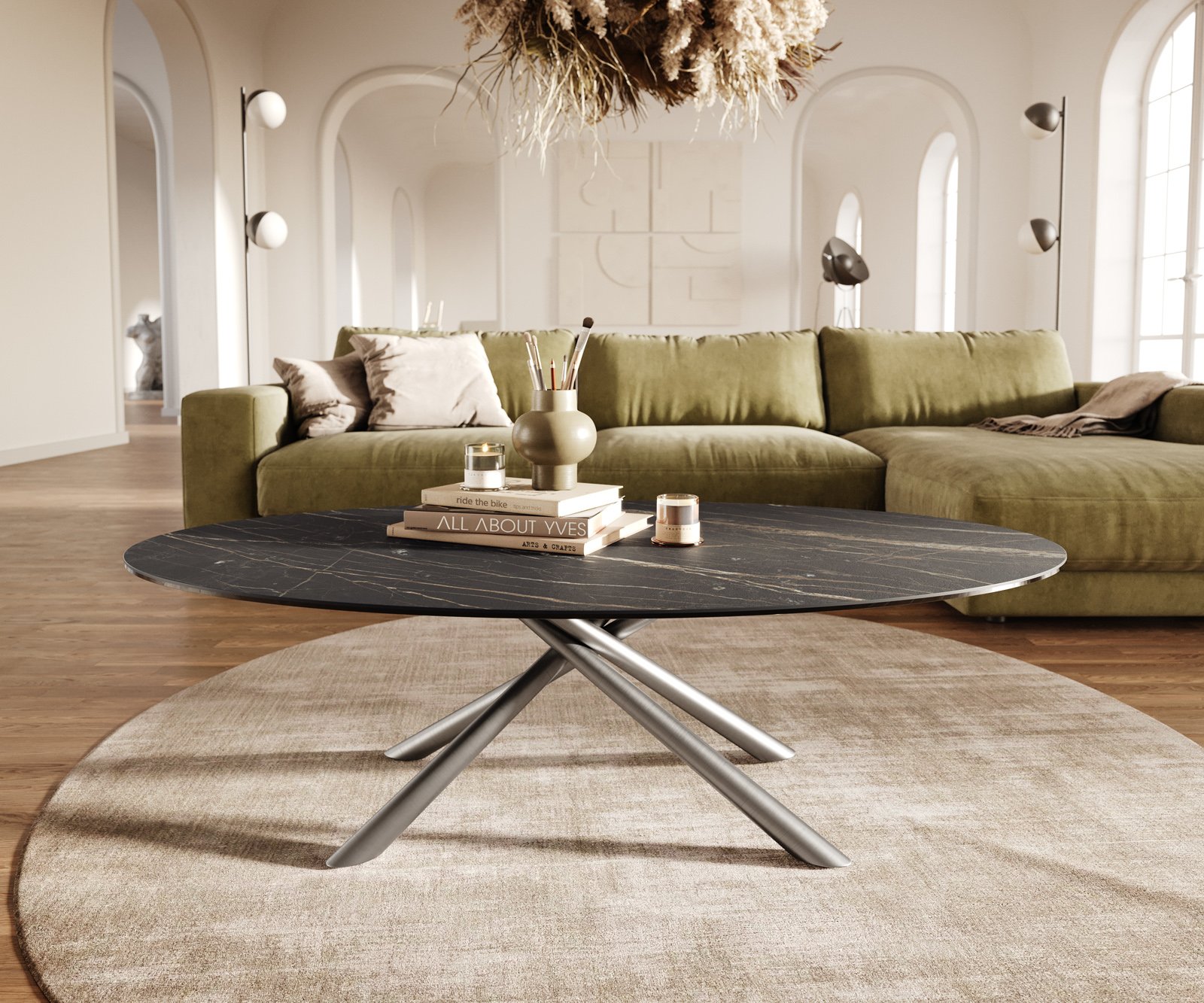 Konferenčný stolík Edge oválny 140x80 cm keramika Laminam® Noir Desir hnedá nerezová oceľ kefovaná - Image 2