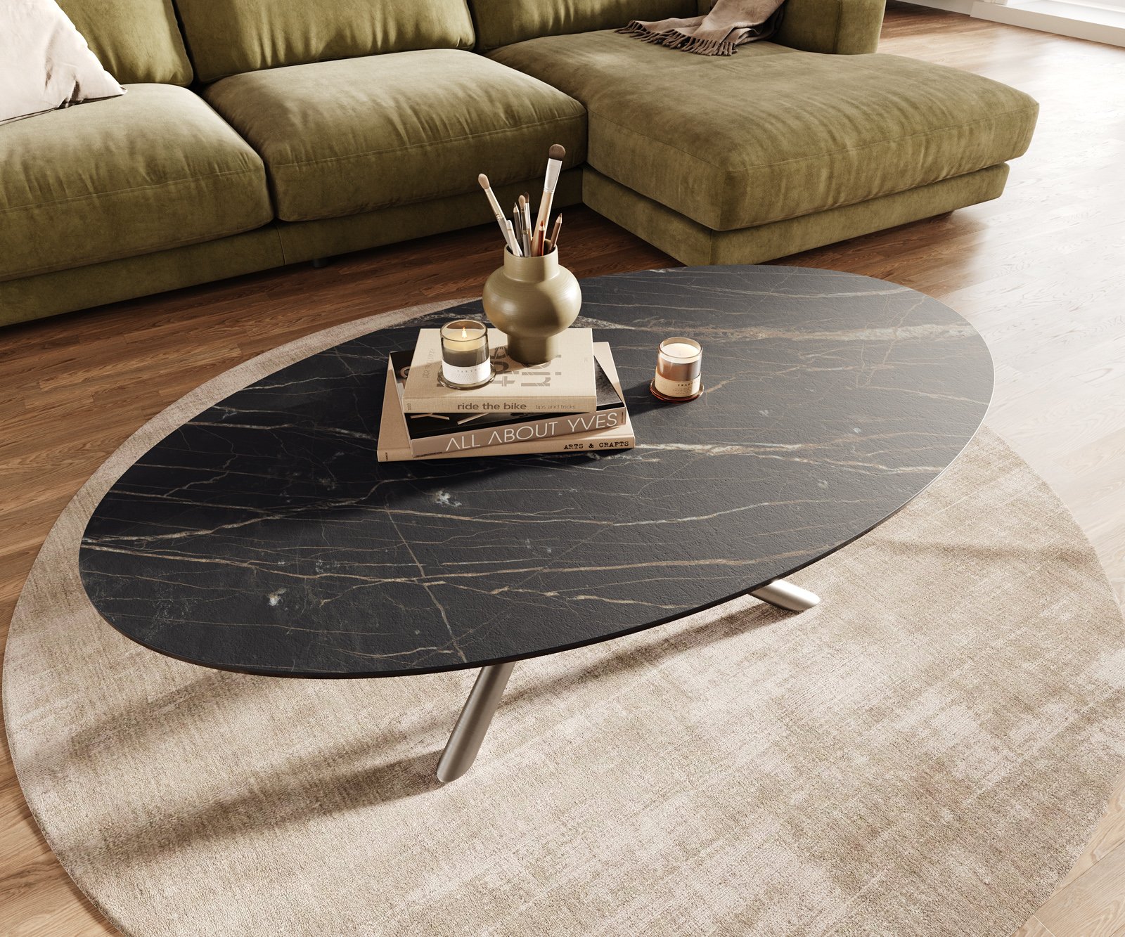 Konferenčný stolík Edge oválny 140x80 cm keramika Laminam® Noir Desir hnedá nerezová oceľ kefovaná - Image 4