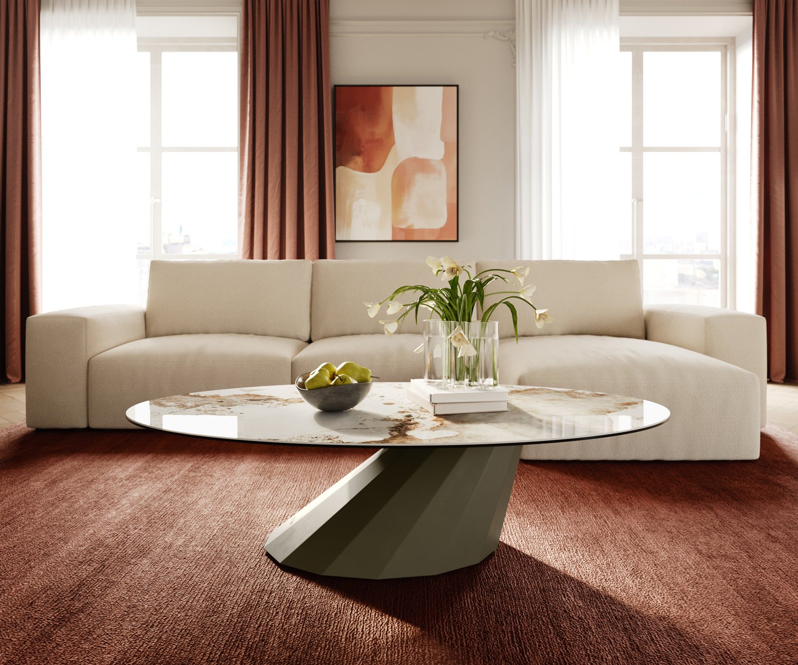 Konferenčný stolík Edge oválny 140x80 cm keramika Minas Melange Parabi kov efektfinish titánová - Image 2