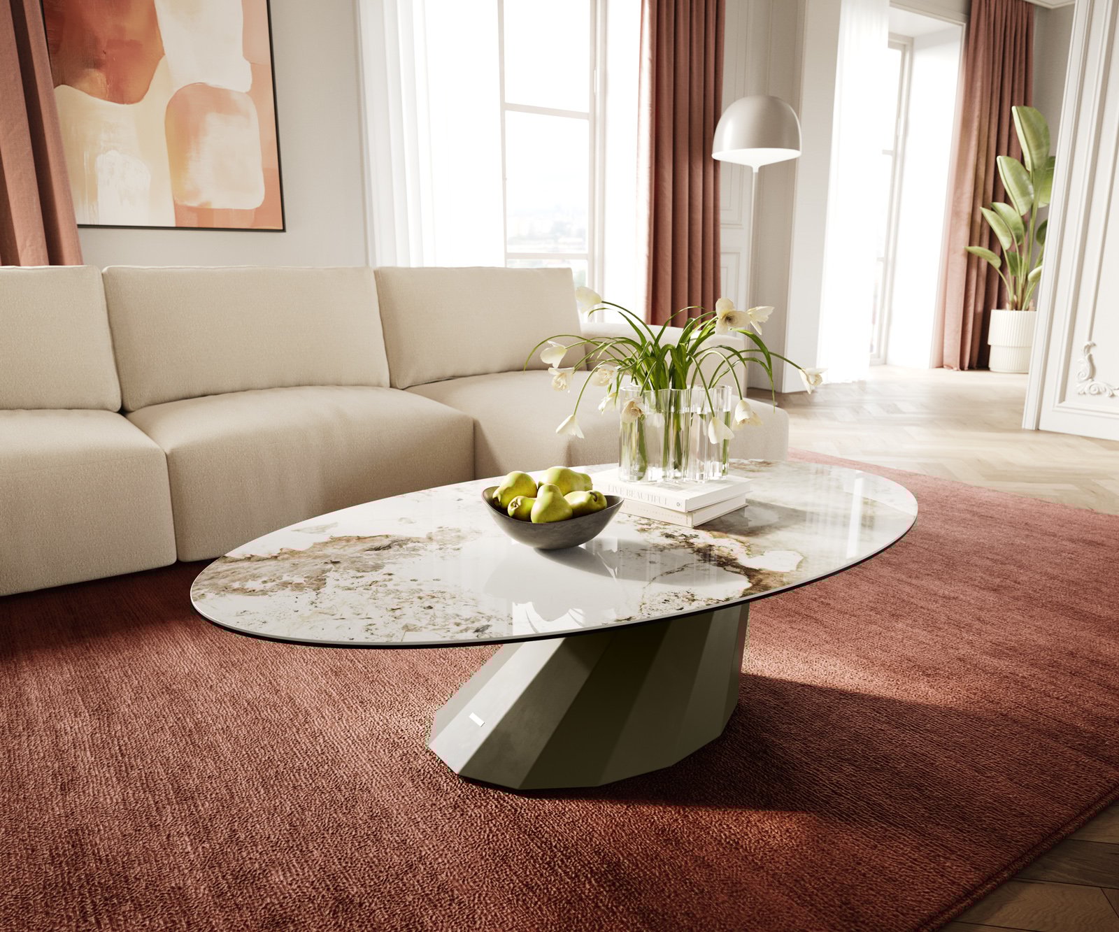 Konferenčný stolík Edge oválny 140x80 cm keramika Minas Melange Parabi kov efektfinish titánová