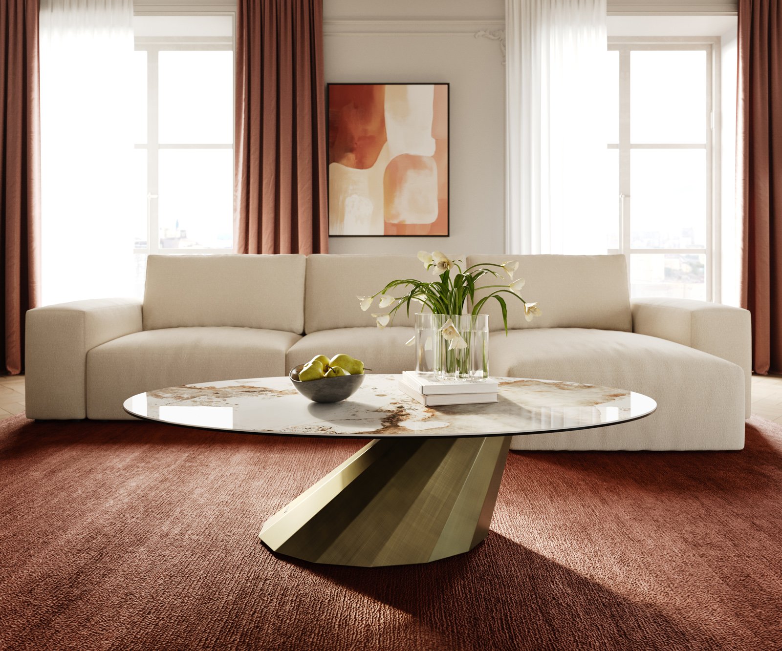 Konferenčný stolík Edge oválny 140x80 cm keramika Minas Melange Parabi metalická zlatá - Image 2