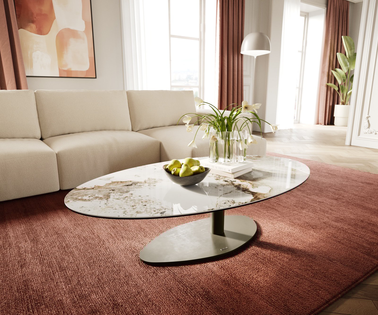 Konferenčný stolík Edge oválny 140x80 cm keramika Minas Melange Vibany kov titánová farba efekt