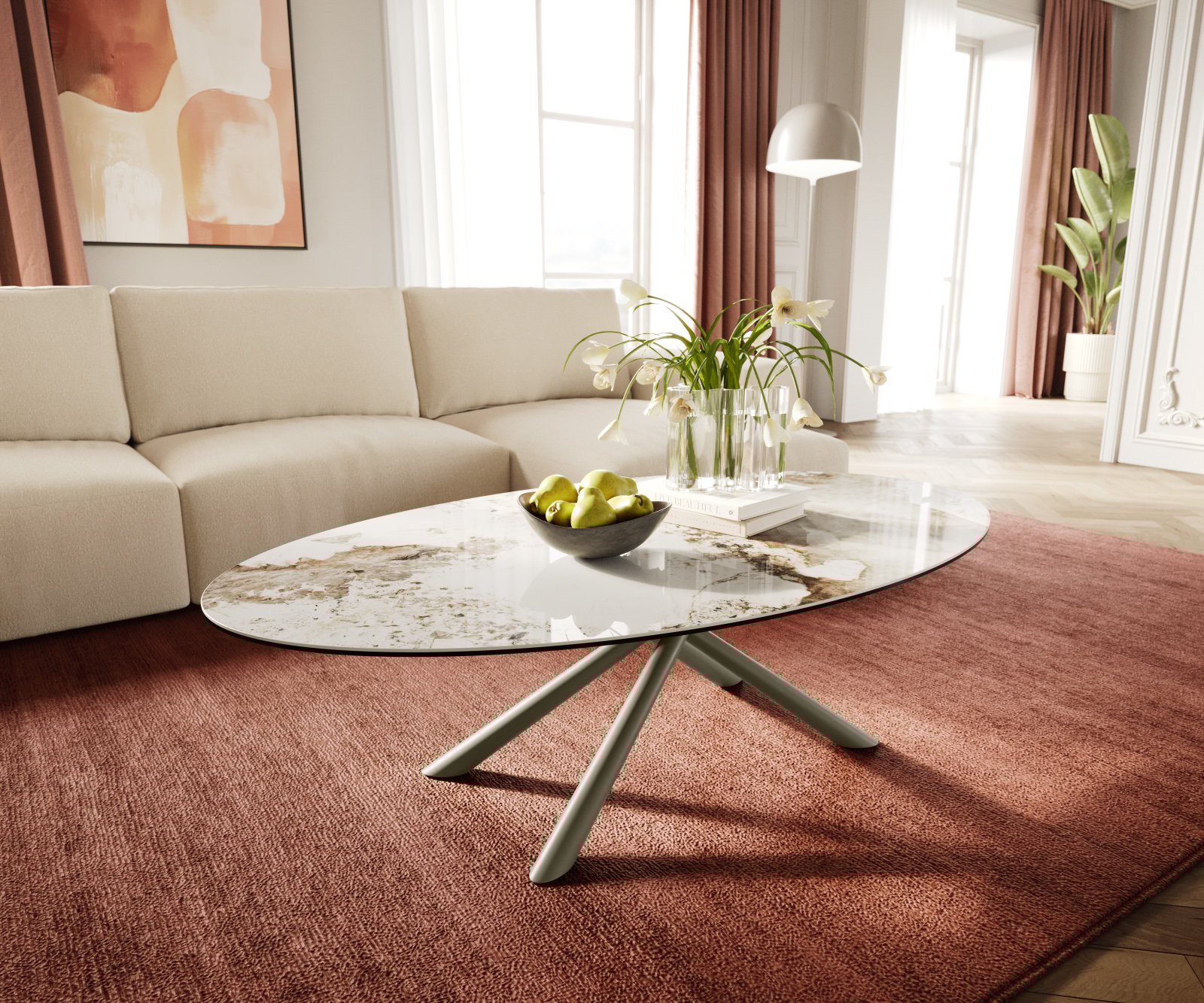 Konferenčný stolík Edge oválny 140x80 cm keramika Minas Melange Sarity kov efektový povrch titán