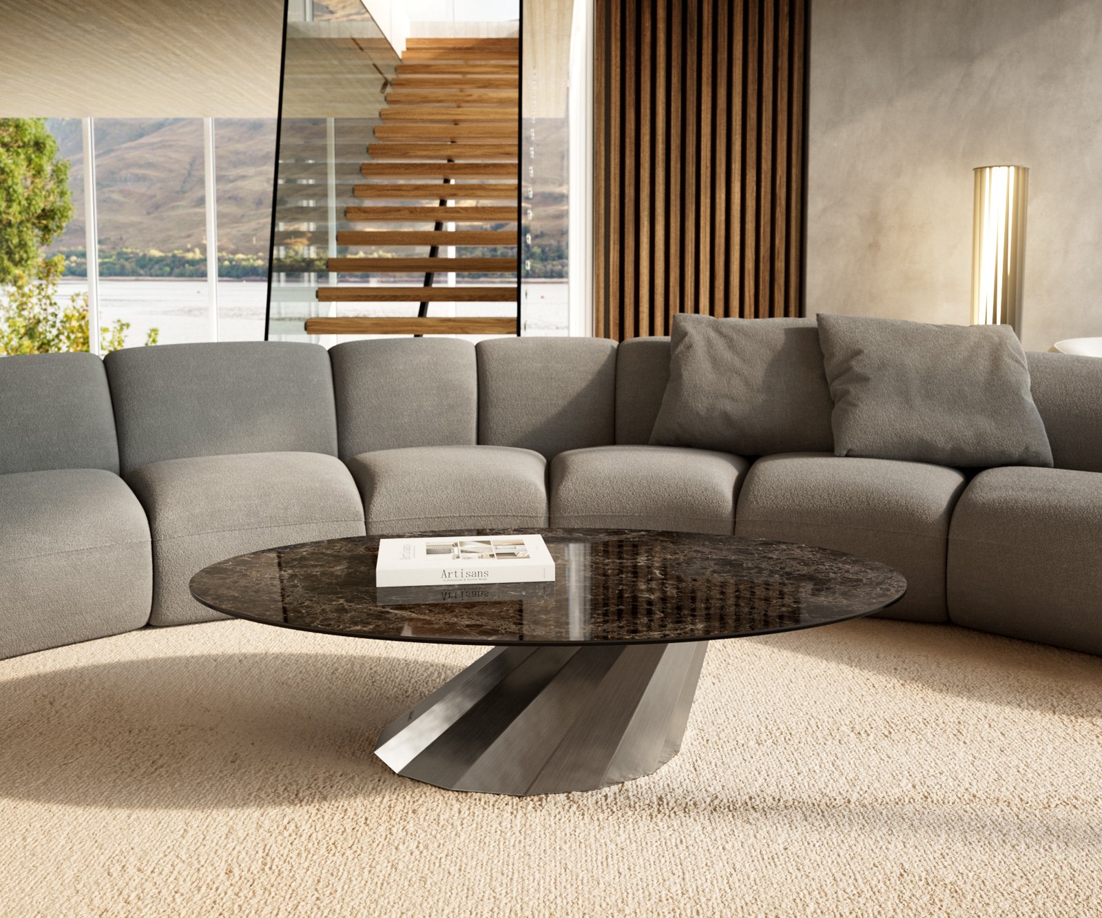 Konferenčný stolík Edge oválny 140x80 cm keramika Laminam® Emperador Extra Lucidato tmavohnedá Parabi nerezová oceľ kefovaná - Image 2