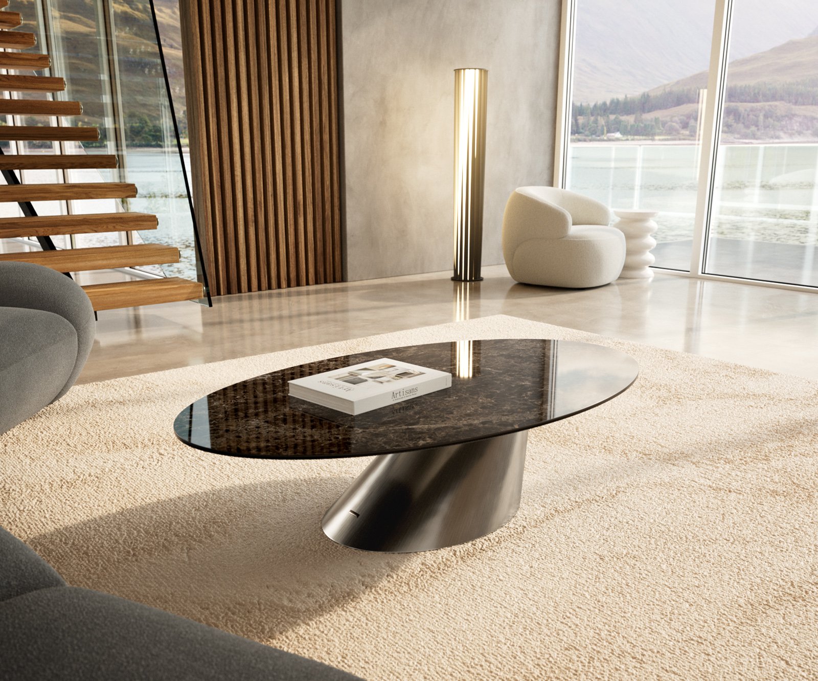 Konferenčný stolík Edge oválny 140x80 cm keramika Laminam® Emperador Extra Lucidato tmavohnedá Conis nerezová oceľ kefovaná