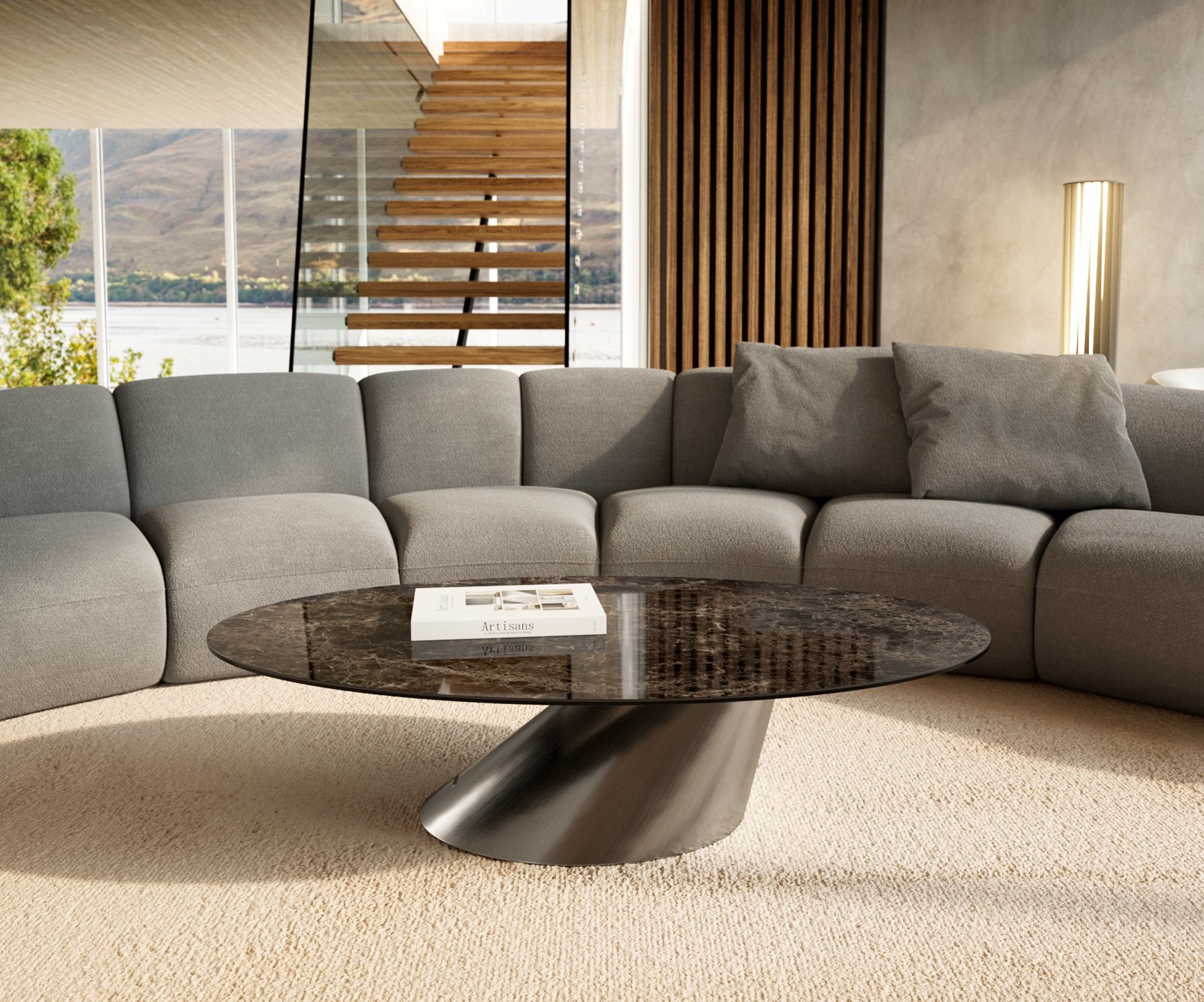 Konferenčný stolík Edge oválny 140x80 cm keramika Laminam® Emperador Extra Lucidato tmavohnedá Conis nerezová oceľ kefovaná - Image 2