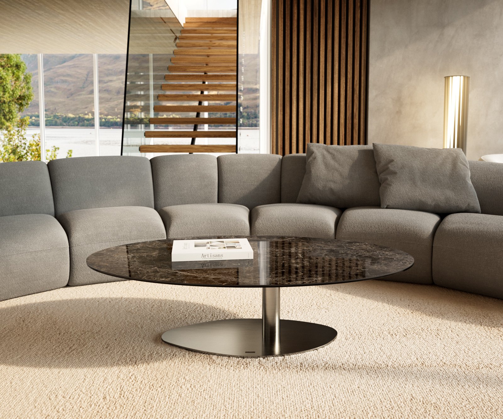 Konferenčný stolík Edge oválny 140x80 cm keramika Laminam® Emperador Extra Lucidato tmavohnedá Vibany nerezová oceľ kefovaná - Image 2