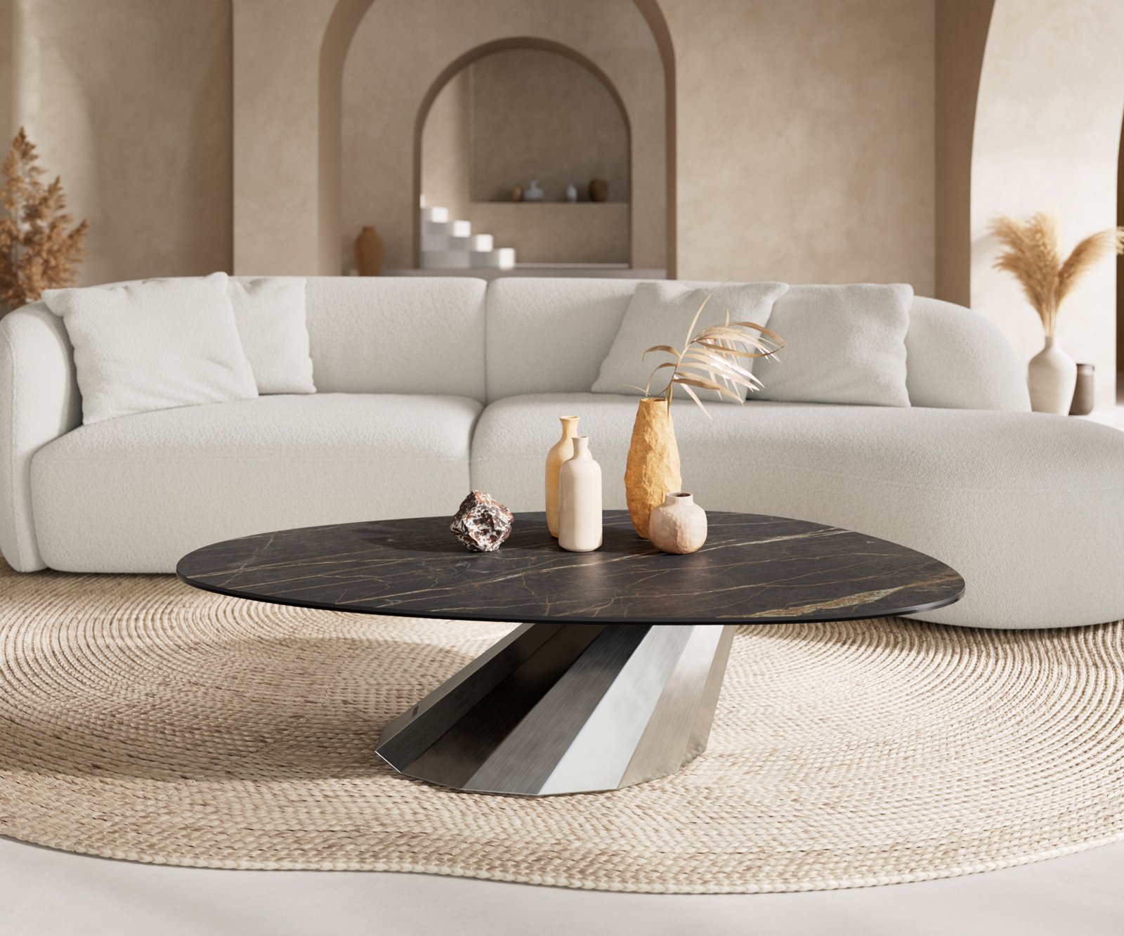 Konferenčný stolík Edge oválny 140x75 cm keramika Laminam® Noir Desir hnedá Parabi nerezová oceľ kefovaná - Image 2