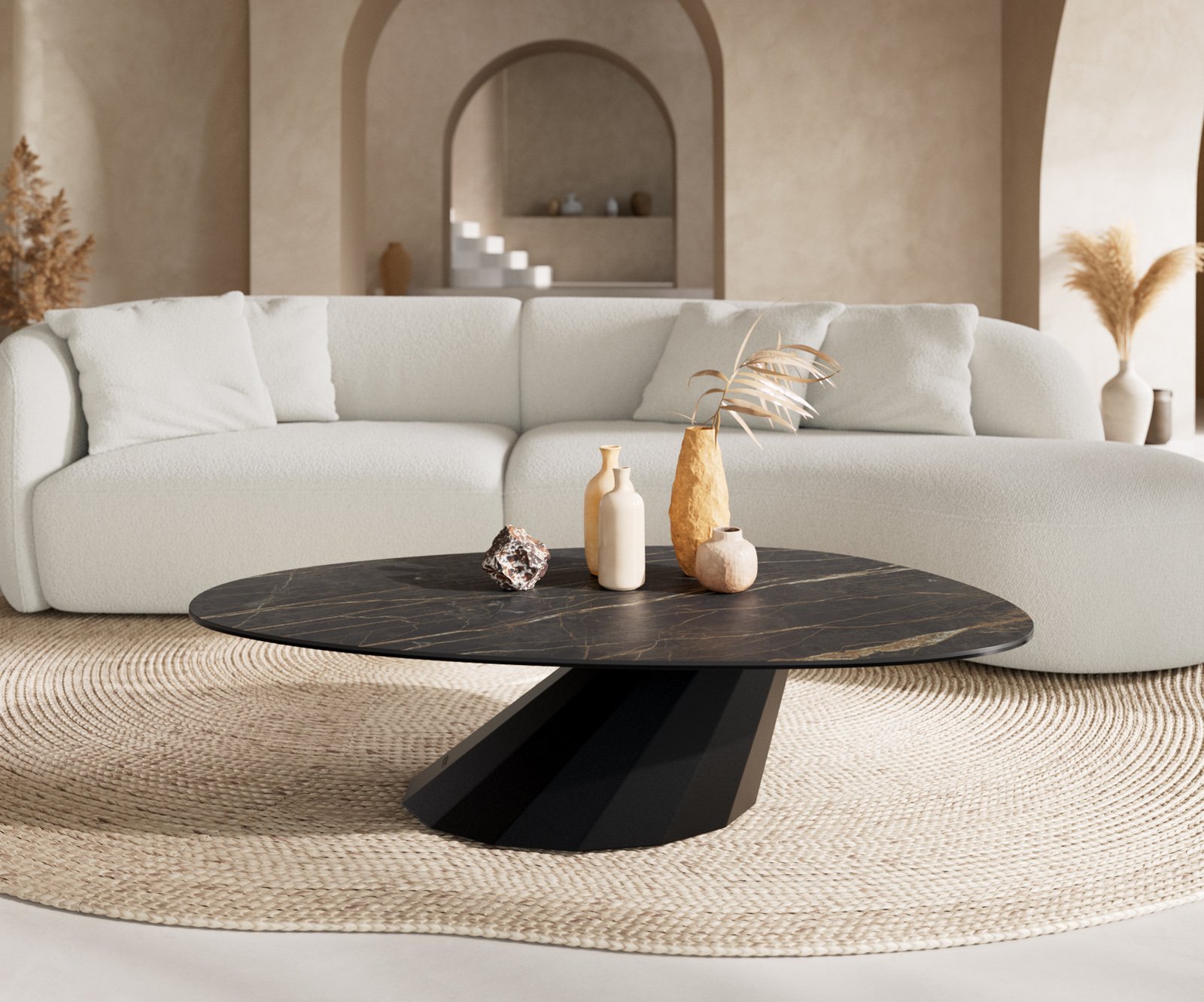 Konferenčný stolík Edge oválny 140x75 cm keramika Laminam® Noir Desir hnedá Parabi kov čierna - Image 2