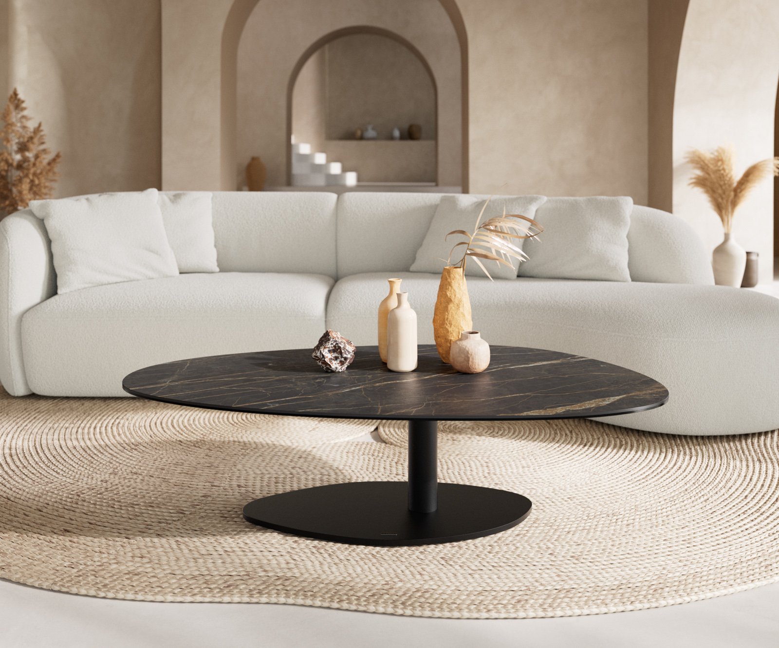 Konferenčný stolík Edge oválny 140x75 cm keramika Laminam® Noir Desir hnedý Vibany kov čierny - Image 2