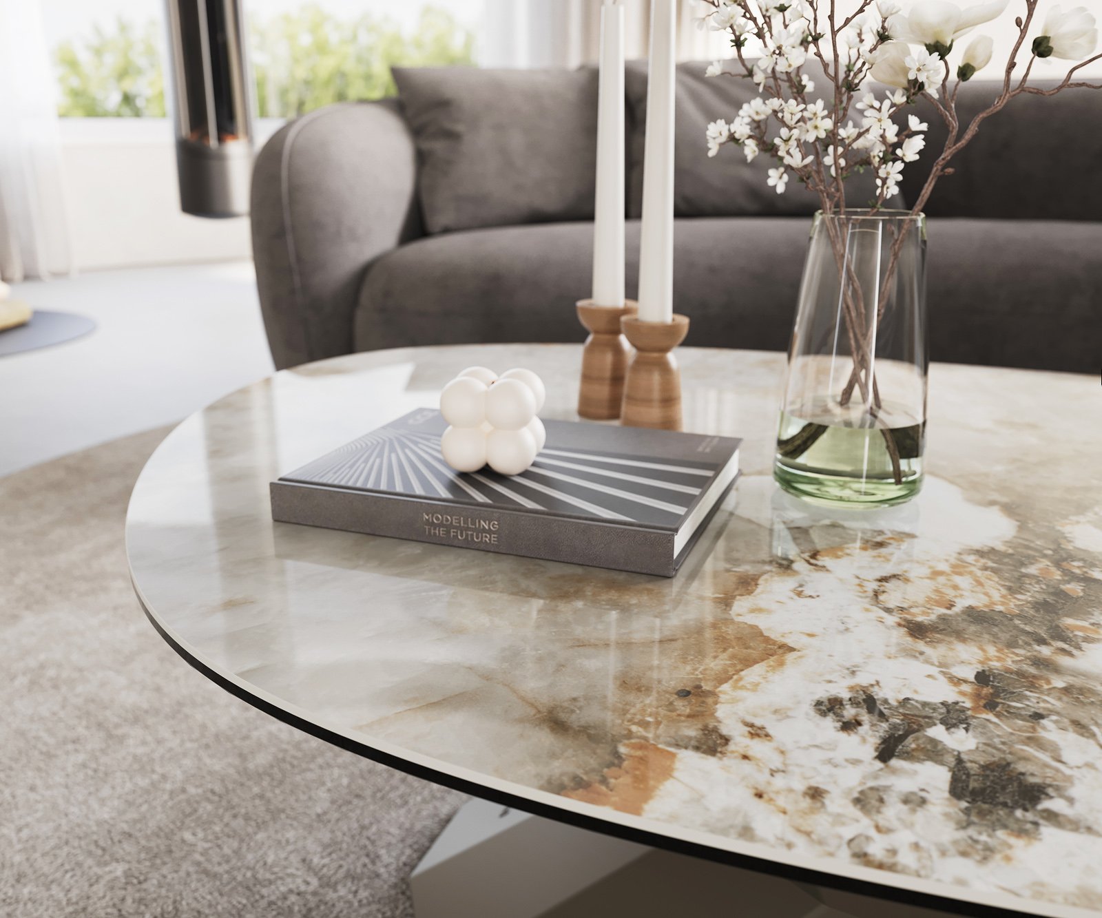 Konferenčný stolík Edge oválny 140x75 cm keramika Minas Melange Parabi kov titánová farba - Image 6