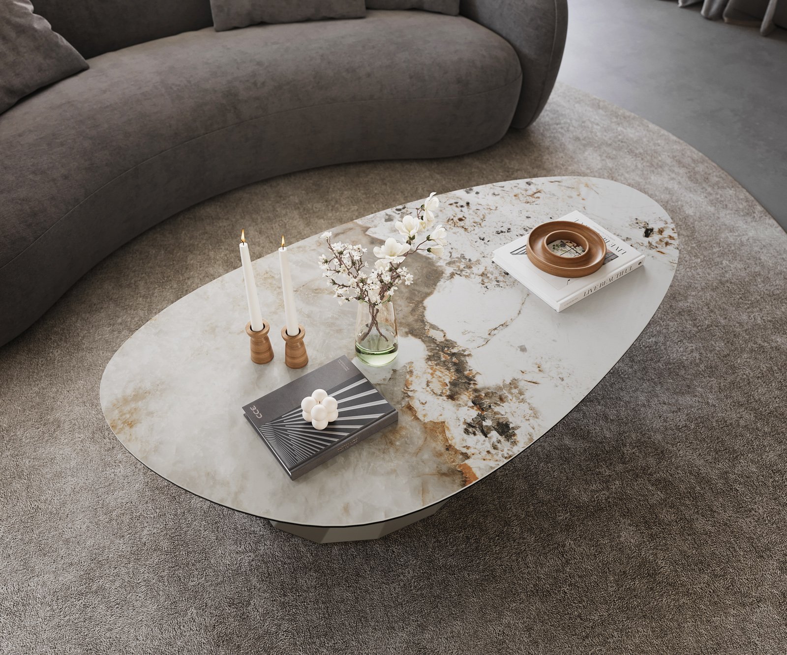 Konferenčný stolík Edge oválny 140x75 cm keramika Minas Melange Parabi kov titánová farba - Image 4