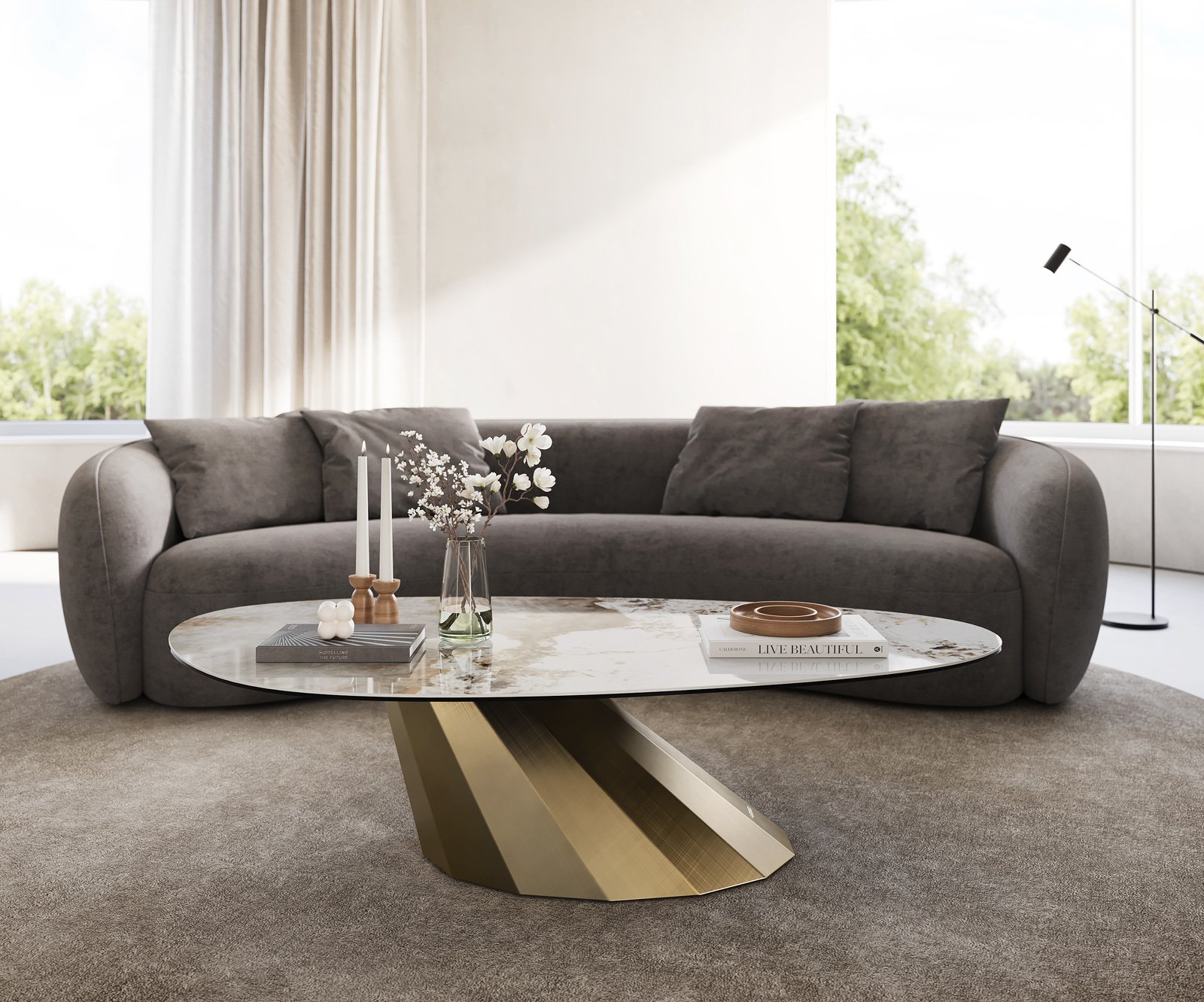 Konferenčný stolík Edge oválny 140x75 cm keramika Minas Melange Parabi metalická zlatá - Image 2