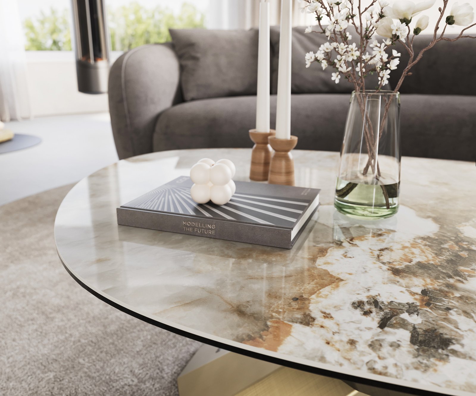 Konferenčný stolík Edge oválny 140x75 cm keramika Minas Melange Parabi metalická zlatá - Image 6