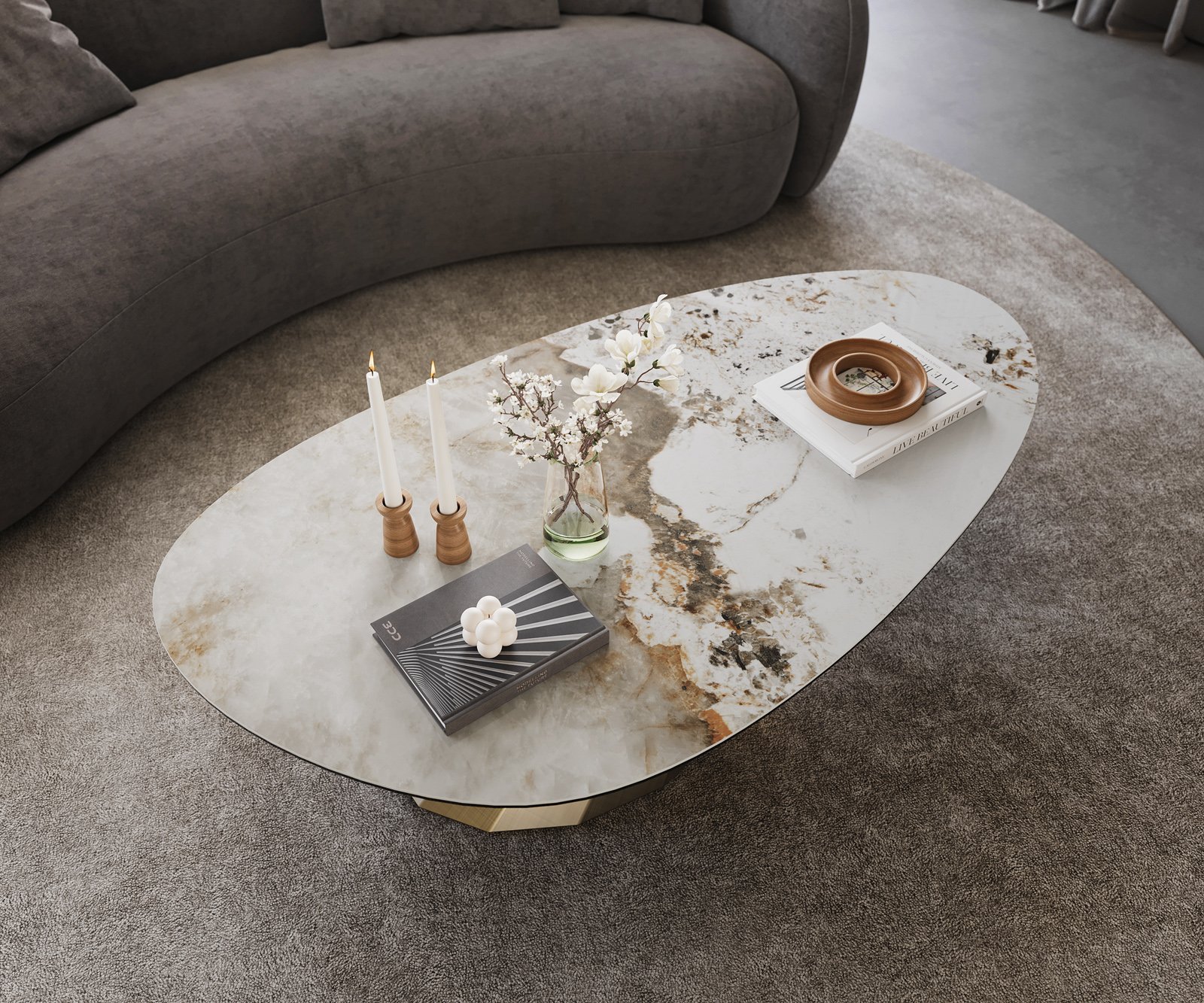 Konferenčný stolík Edge oválny 140x75 cm keramika Minas Melange Parabi metalická zlatá - Image 4