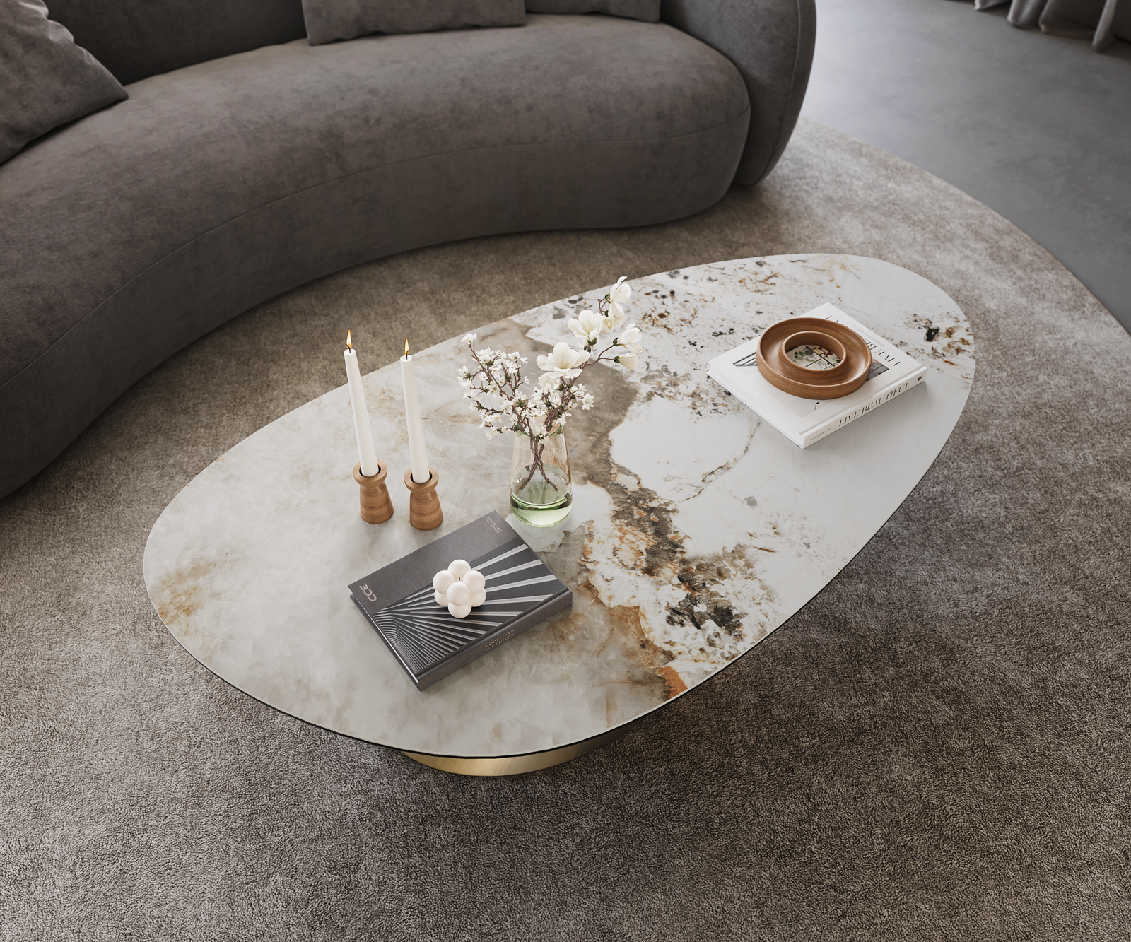 Konferenčný stolík Edge oválny 140x75 cm keramika Minas Melange Conis metalická zlatá - Image 4