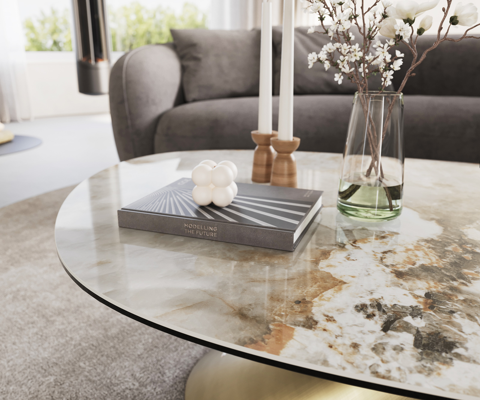 Konferenčný stolík Edge oválny 140x75 cm keramika Minas Melange Conis metalická zlatá - Image 6