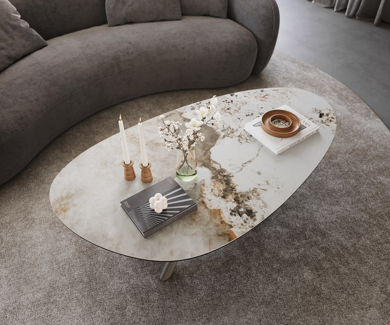 Konferenčný stolík Edge oválny 140x75 cm keramika Minas Melange Sarity kov efektový povrch titán - Image 4